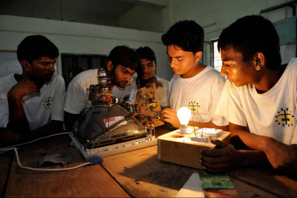 Group of freshers working together during training session