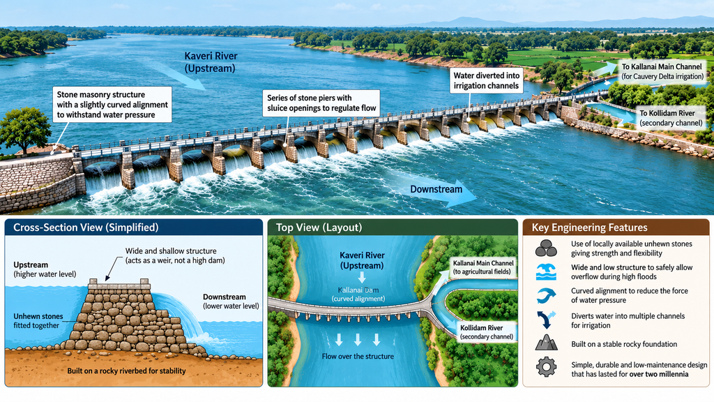 Kallanai Dam engineering diagram showing stone construction, water flow, sluice openings and irrigation channels
