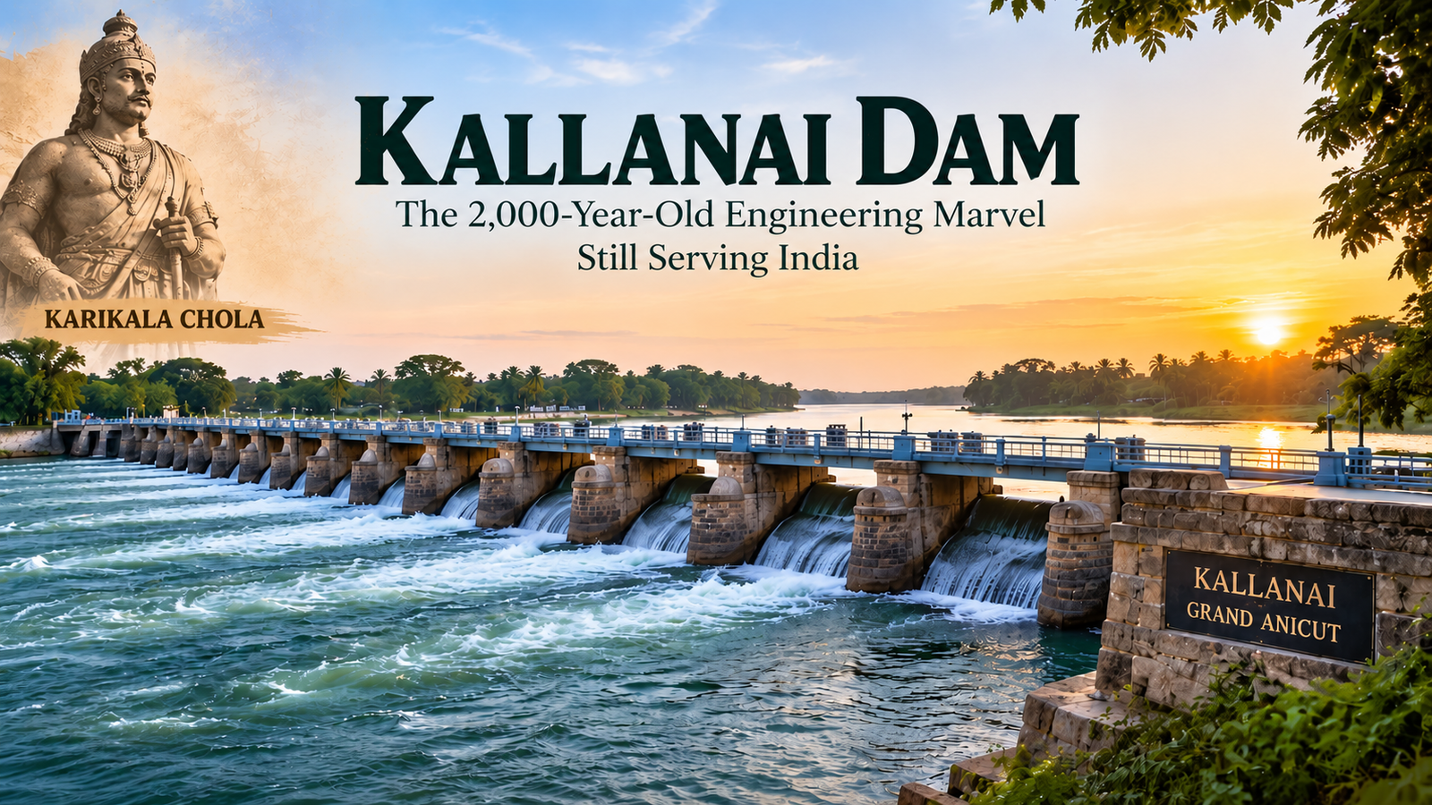 Kallanai Dam across the Kaveri River in Tamil Nadu, an ancient Indian engineering marvel