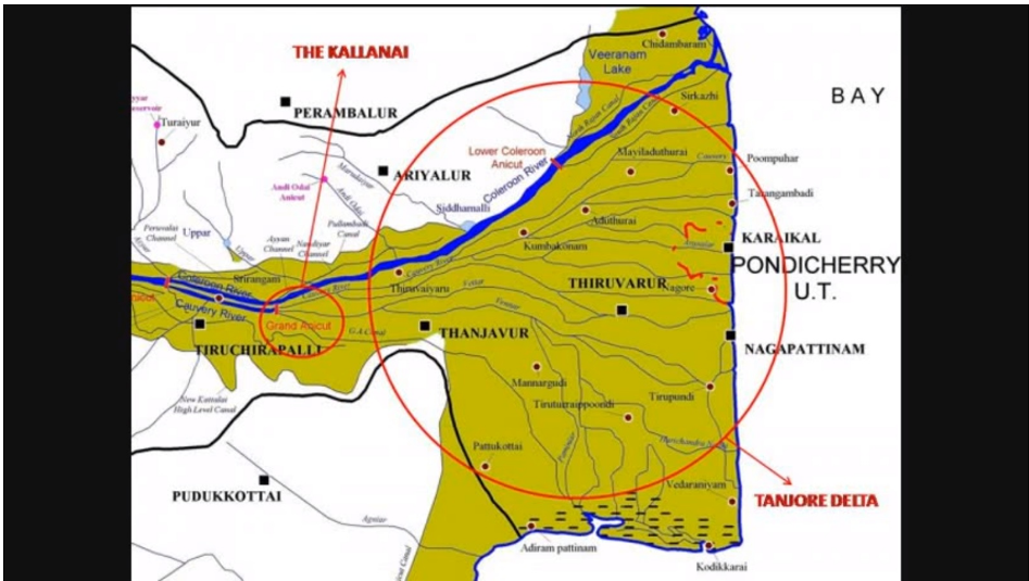 Map showing Kallanai Dam (Grand Anicut) and the Cauvery Delta irrigation region in Tamil Nadu
